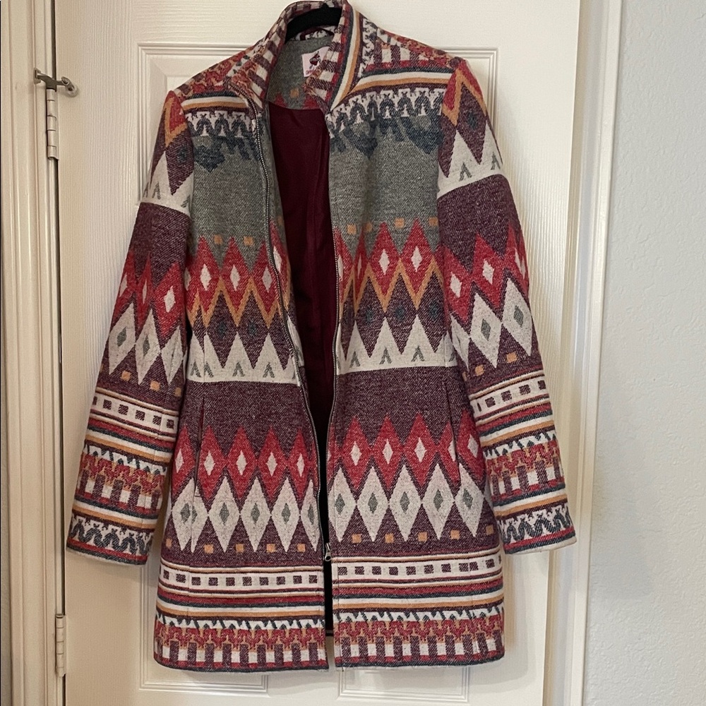 Wired Heart Lined Aztec Patterned Winter Coat - image 1